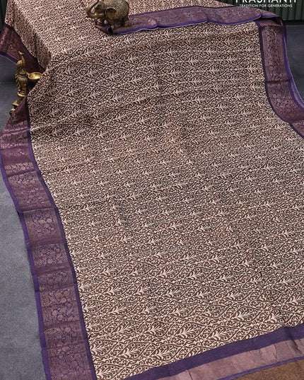 Chanderi silk cotton saree brown shade and violet with allover prints and woven border
