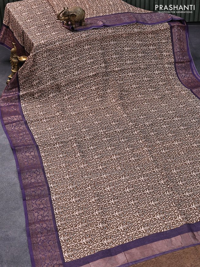 Chanderi silk cotton saree brown shade and violet with allover prints and woven border