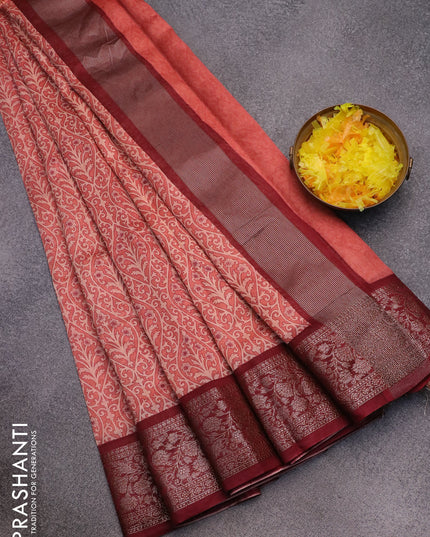 Chanderi silk cotton saree peach shade and maroon with allover prints and woven border