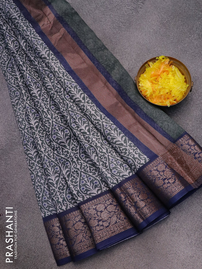 Chanderi silk cotton saree grey and navy blue with allover prints and woven border