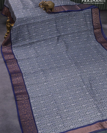 Chanderi silk cotton saree grey and navy blue with allover prints and woven border