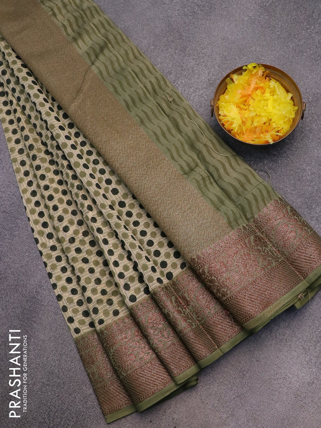 Chanderi silk cotton saree cream and green with allover geometric prints and woven border