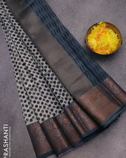 Chanderi silk cotton saree cream and dark grey with allover geometric prints and woven border