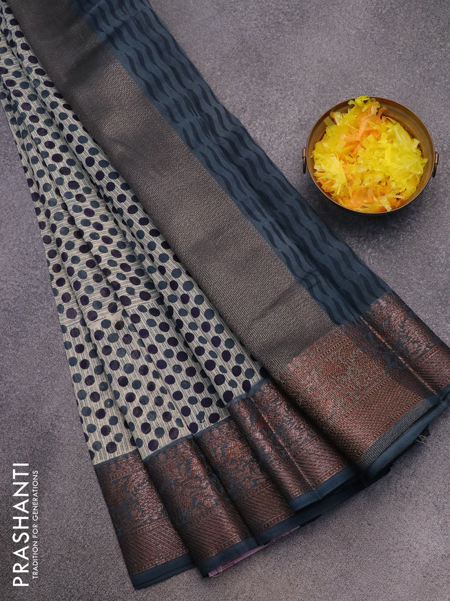 Chanderi silk cotton saree cream and dark grey with allover geometric prints and woven border