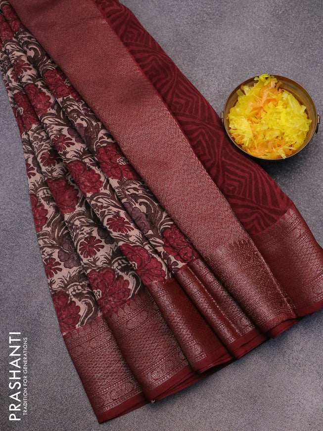 Chanderi silk cotton saree beige and maroon with allover prints and woven border