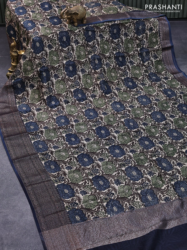 Chanderi silk cotton saree beige and peacock blue with allover prints and woven border