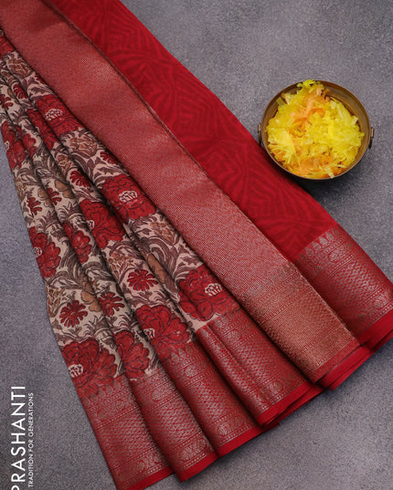 Chanderi silk cotton saree beige and red with allover prints and woven border