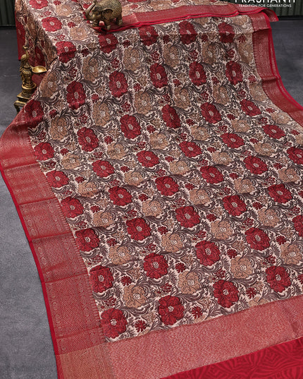 Chanderi silk cotton saree beige and red with allover prints and woven border