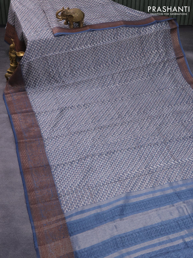 Chanderi silk cotton saree off white and grey with allover prints and woven border