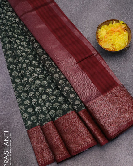 Chanderi silk cotton saree bottle green and maroon with allover butta prints and woven border