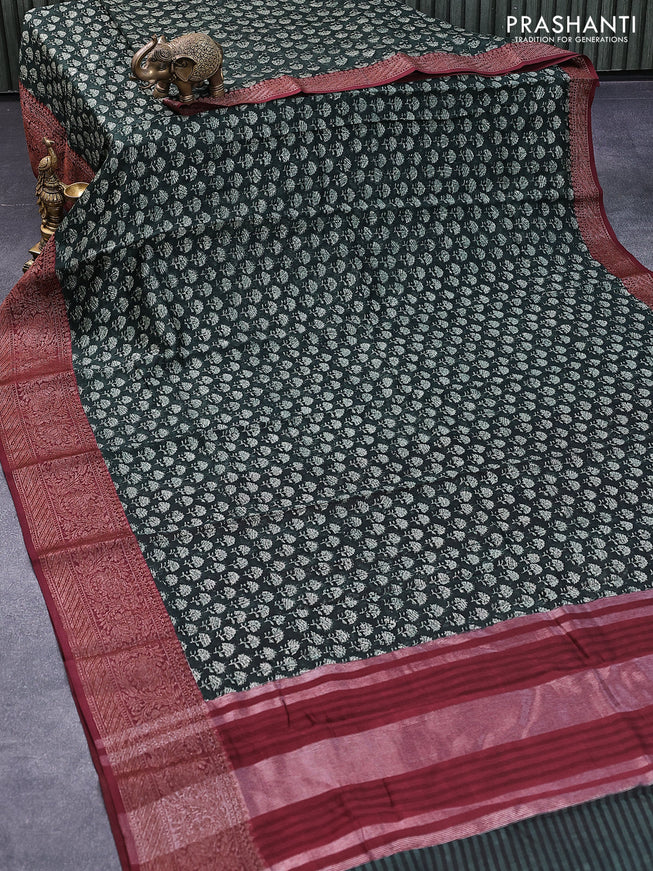 Chanderi silk cotton saree bottle green and maroon with allover butta prints and woven border