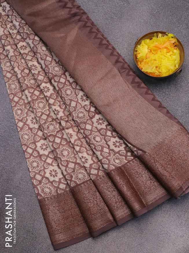 Chanderi silk cotton saree cream and rosy brown shade with allover ajrakh prints and woven border