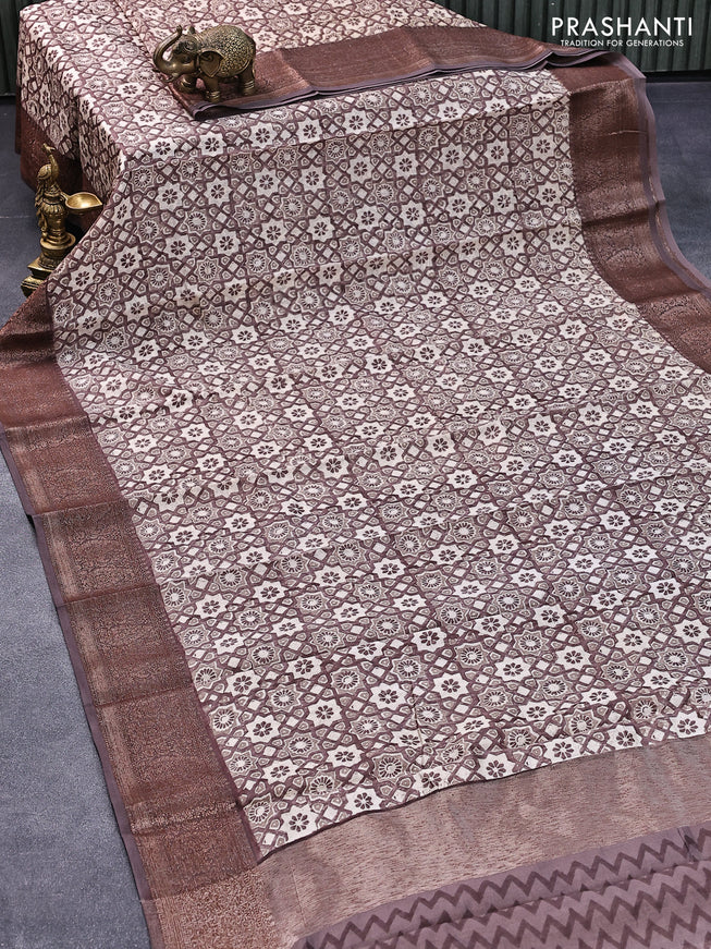 Chanderi silk cotton saree cream and rosy brown shade with allover ajrakh prints and woven border
