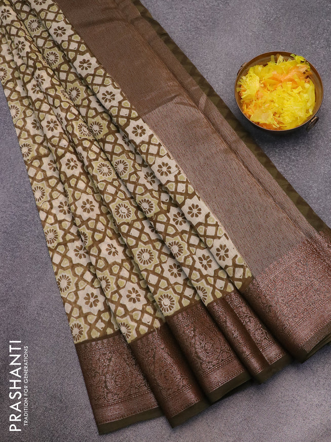 Chanderi silk cotton saree cream and olive green with allover ajrakh prints and woven border