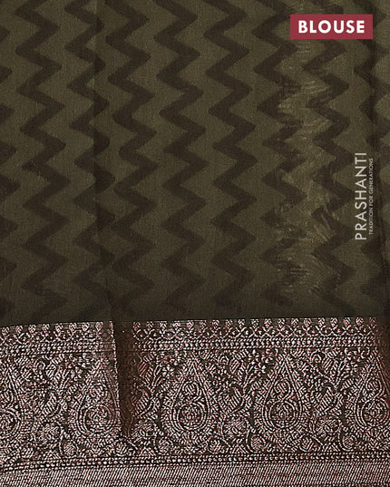 Chanderi silk cotton saree cream and olive green with allover ajrakh prints and woven border