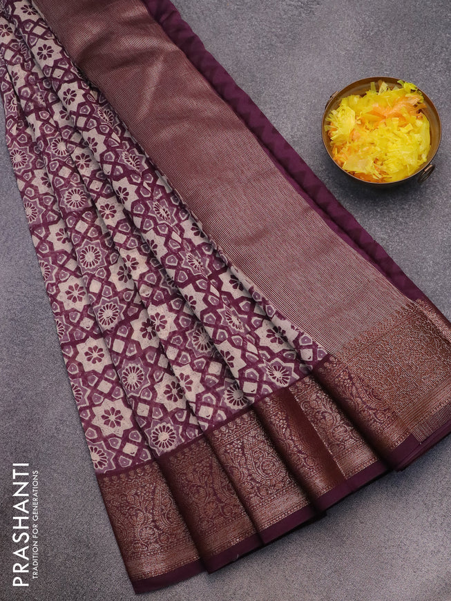 Chanderi silk cotton saree wine shade and cream with allover ajrakh prints and woven border