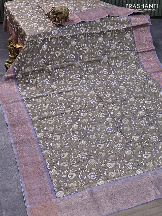 Chanderi silk cotton saree grey shade and grey with allover floral prints and woven border