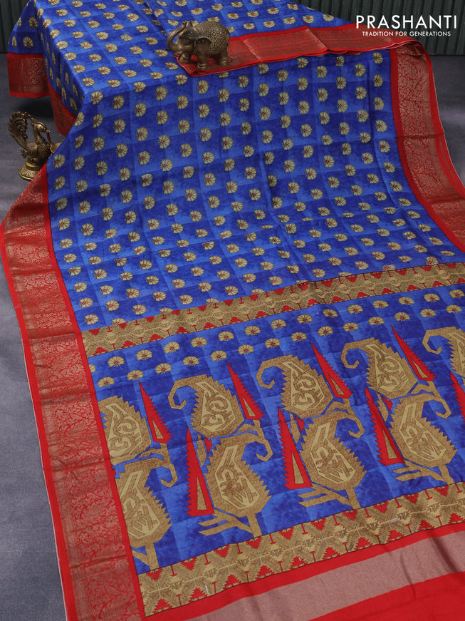 Chanderi silk cotton saree blue and red with allover butta prints and woven border
