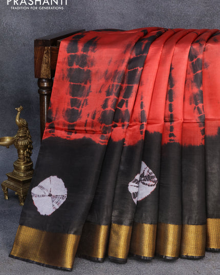 Banana silk saree red and black with tie and dye batik butta prints and zari woven border