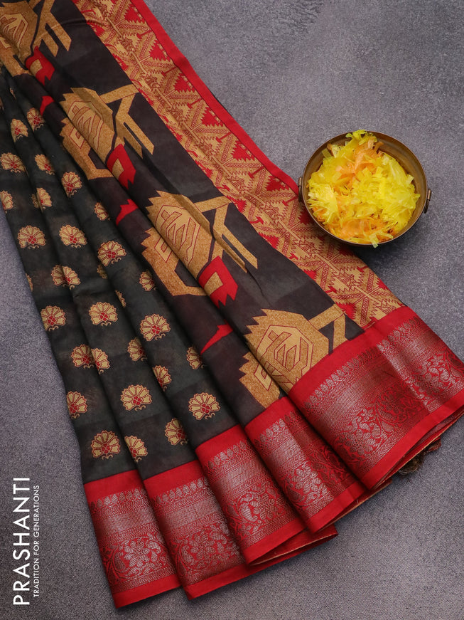 Chanderi silk cotton saree elephant grey and red with allover butta prints and woven border
