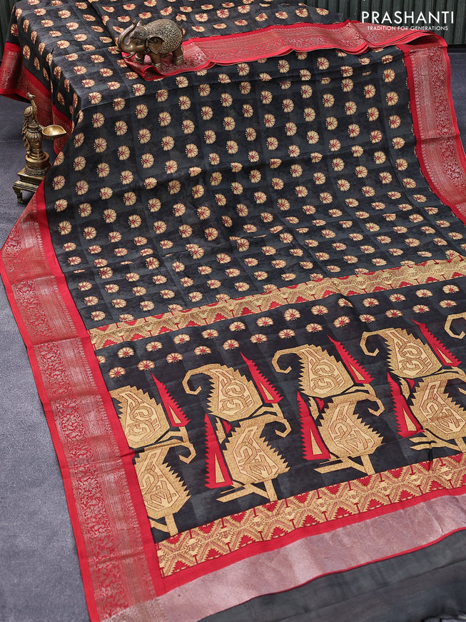 Chanderi silk cotton saree elephant grey and red with allover butta prints and woven border