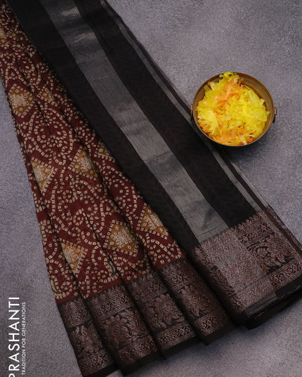 Chanderi silk cotton saree brown and black with allover bandhani prints and woven border