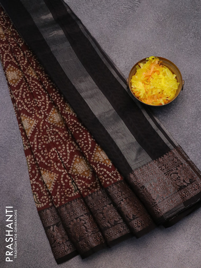 Chanderi silk cotton saree brown and black with allover bandhani prints and woven border