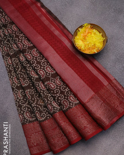 Chanderi silk cotton saree coffee brown and maroon with allover bandhani prints and woven border
