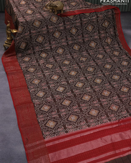 Chanderi silk cotton saree coffee brown and maroon with allover bandhani prints and woven border