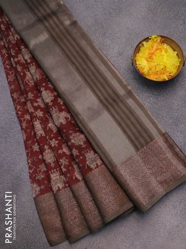 Chanderi silk cotton saree brown shade and grey shade with allover patola prints and woven border