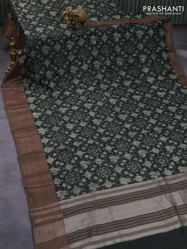 Chanderi silk cotton saree dark bottle green and grey shade with allover patola prints and woven border