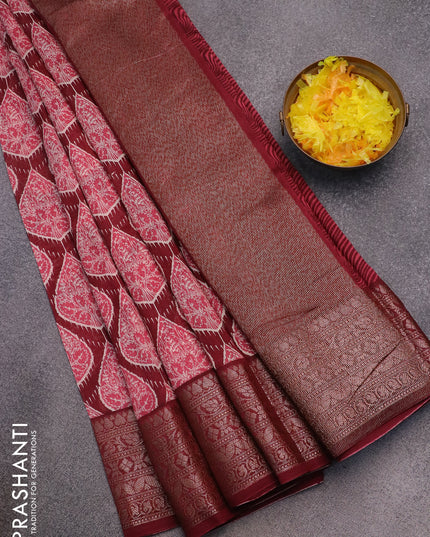 Chanderi silk cotton saree pink and maroon with allover prints and woven border
