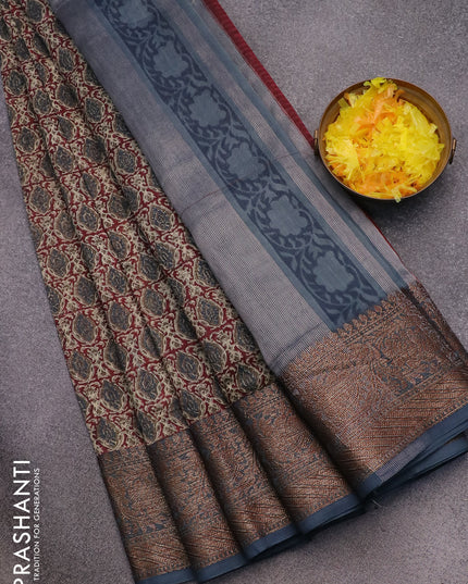 Chanderi silk cotton saree maroon and grey with allover prints and woven border