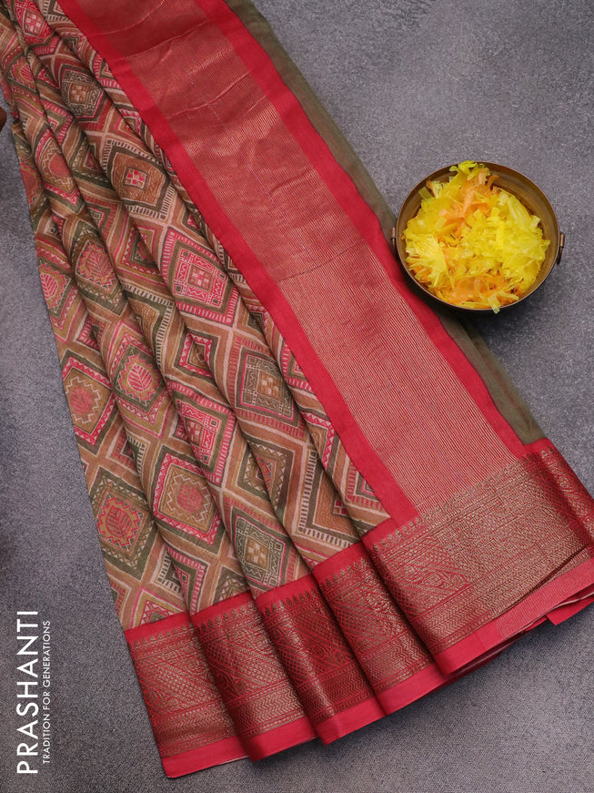 Chanderi silk cotton saree multi colour and pink with allover geometric prints and woven border