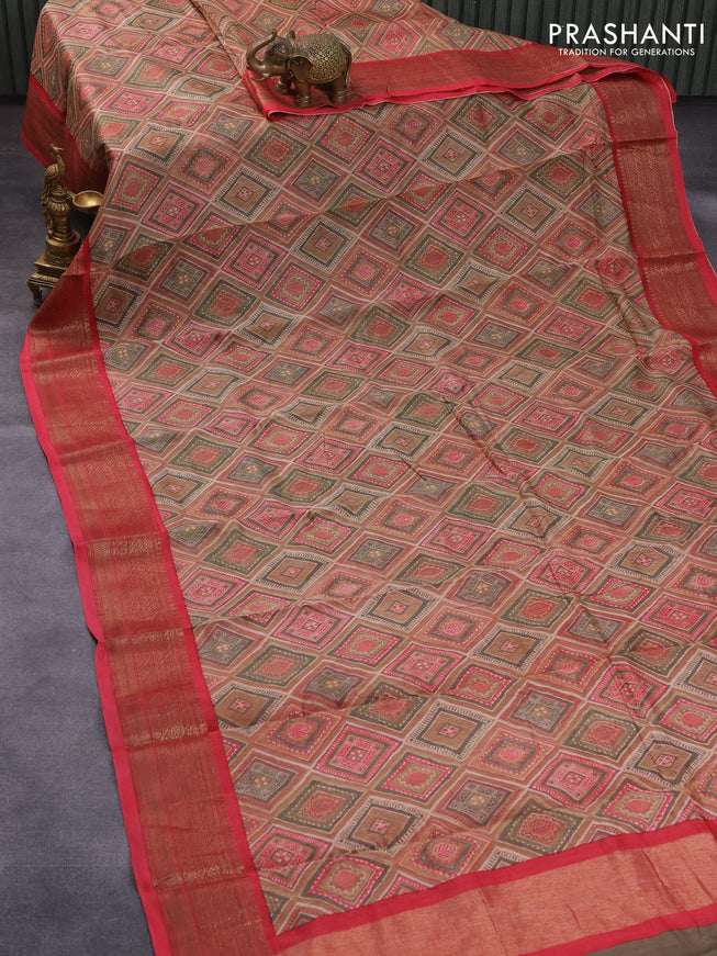 Chanderi silk cotton saree multi colour and pink with allover geometric prints and woven border