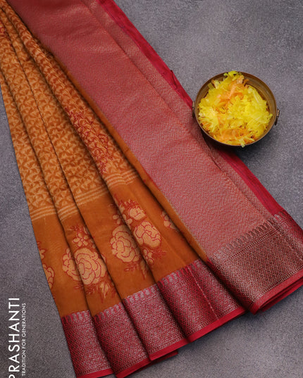 Chanderi silk cotton saree dark mustard and tomato red with allover prints and woven border