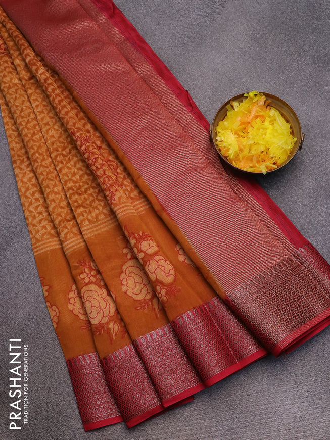 Chanderi silk cotton saree dark mustard and tomato red with allover prints and woven border