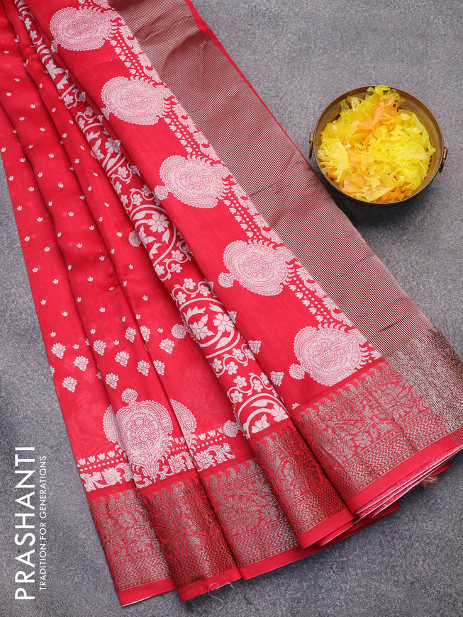 Chanderi silk cotton saree red with allover prints and woven border