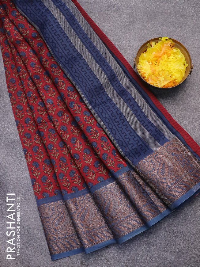 Chanderi silk cotton saree maroon and blue with allover floral butta prints and woven border