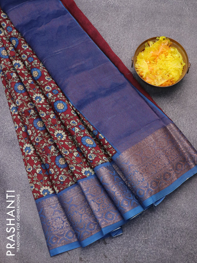 Chanderi silk cotton saree maroon and blue with allover floral prints and woven border