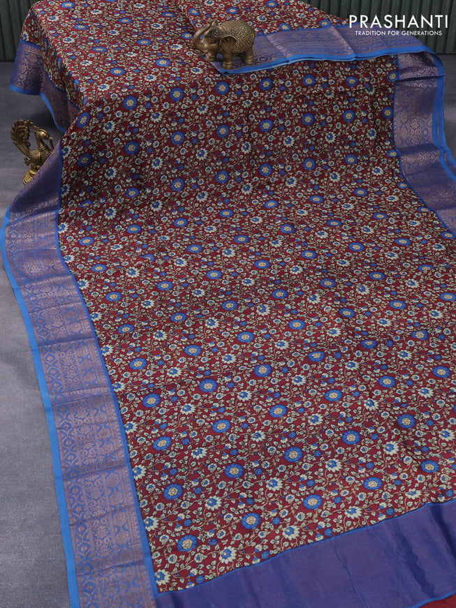 Chanderi silk cotton saree maroon and blue with allover floral prints and woven border