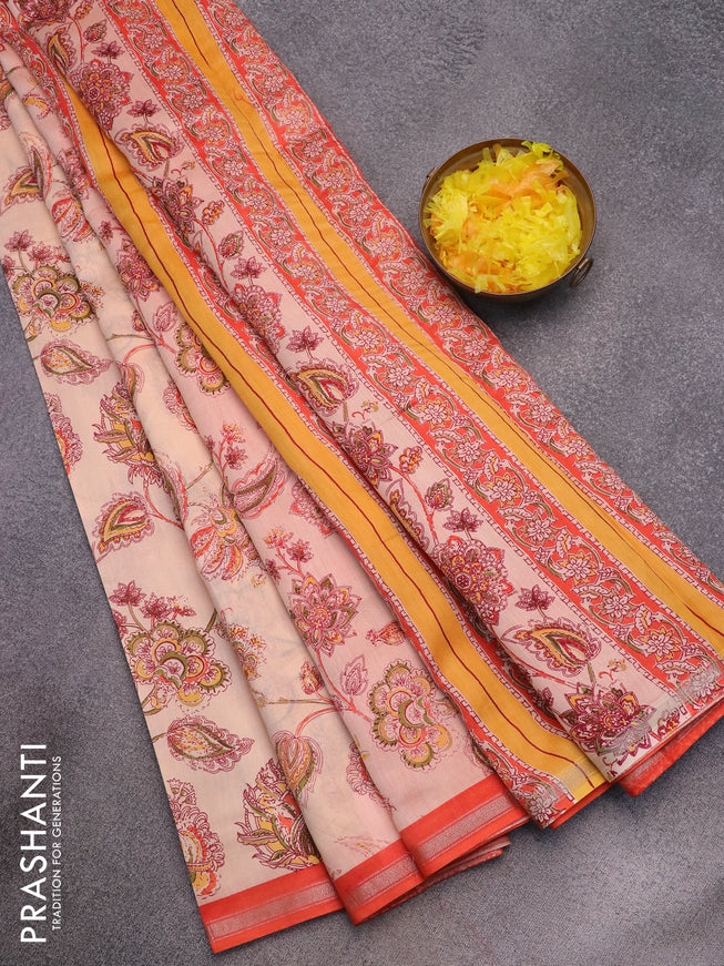 Chanderi silk cotton saree cream and orange with allover floral prints and small zari border