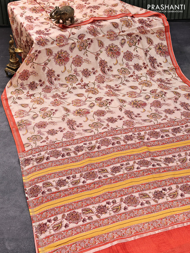 Chanderi silk cotton saree cream and orange with allover floral prints and small zari border