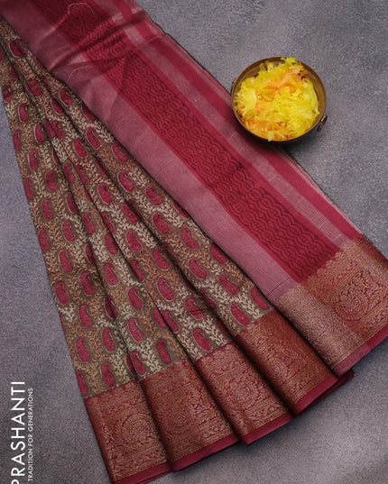 Chanderi silk cotton saree dark grey and maroon with allover paisley prints and woven border