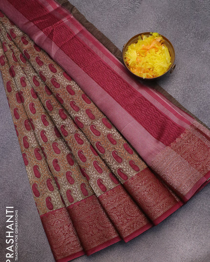 Chanderi silk cotton saree grey shade and maroon with allover paisley prints and woven border
