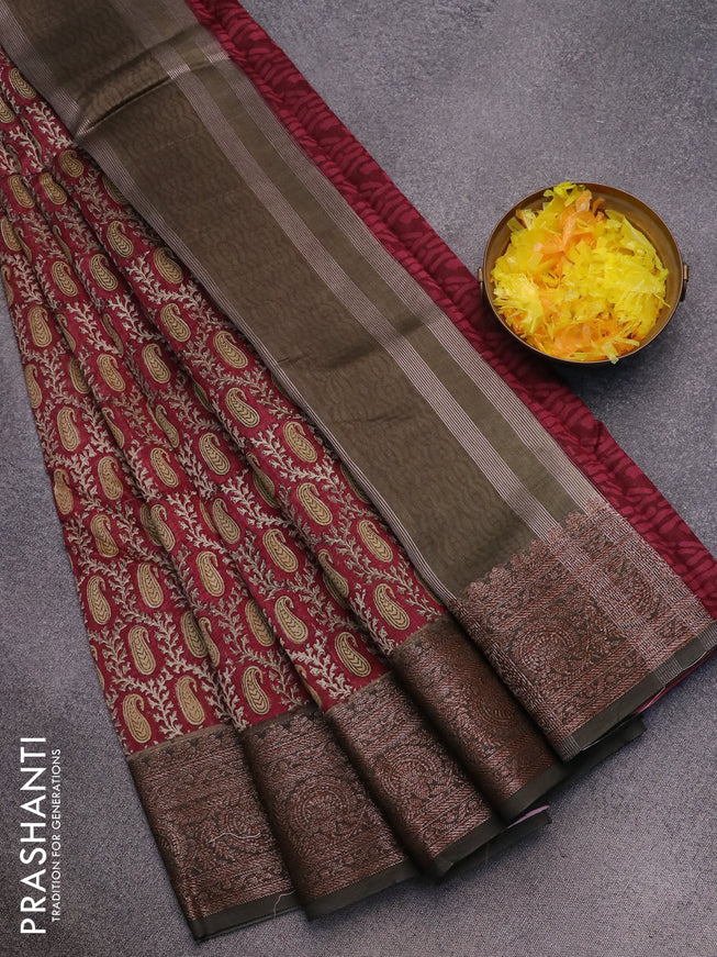 Chanderi silk cotton saree maroon and grey with allover paisley prints and woven border