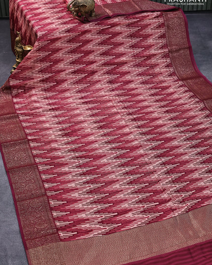 Chanderi silk cotton saree peach shade and maroon with allover prints and woven border