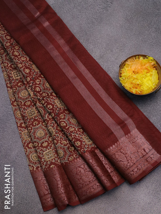 Chanderi silk cotton saree rustic brown and maroon with allover ajrakh prints and woven border