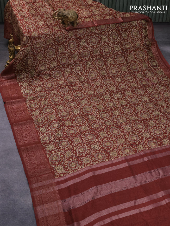 Chanderi silk cotton saree rustic brown and maroon with allover ajrakh prints and woven border