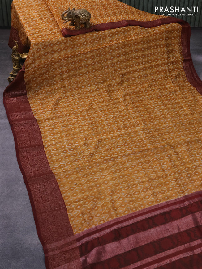 Chanderi silk cotton saree dark mustard and maroon with allover prints and woven border